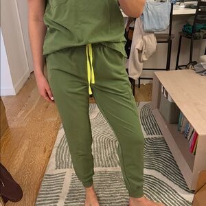 Figs Olive Green Jogger Set with Neon Yellow Drawstring